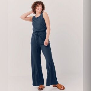 Pact XS French Navy Organic Cotton & Linen Wide Leg Jumpsuit